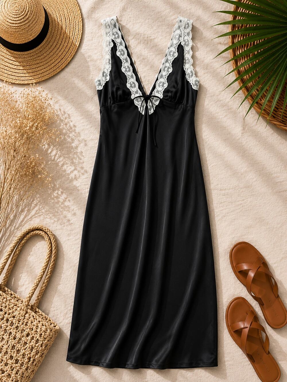 NWT Abercrombie & Fitch Lace Trim Satin Midi Slip Dress Black Coquette SZ XL